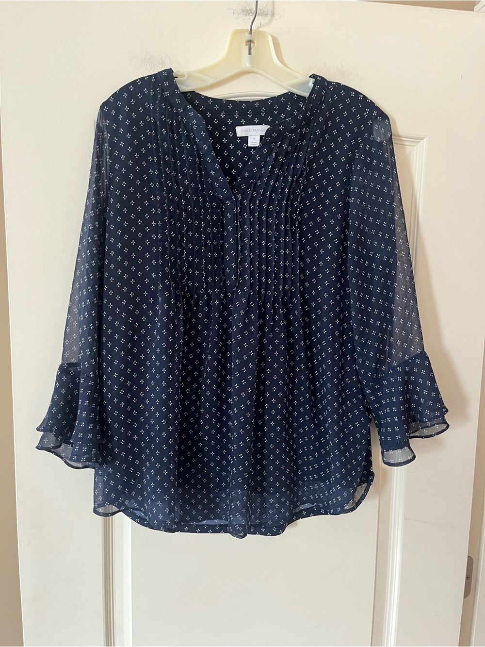 Charter Club Navy Lined Semi Sheer Flowy Blouse Navy with Micro Print Size M